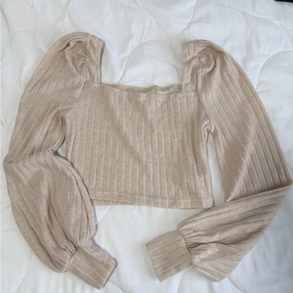 SHEIN Beige Ribbed Puff Sleeve Blouse
